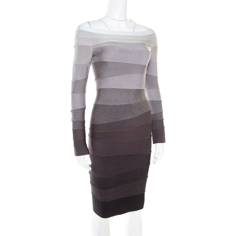 

Herve Leger Grey Ombre Bateau Neck Stephanie Bandage Dress