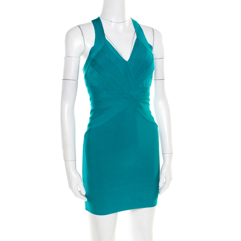 

Herve Leger Jade Green Cross Back Detail Mini Bandage Dress