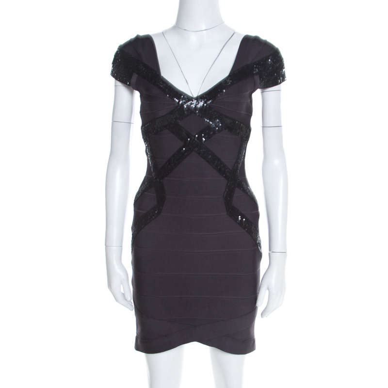 Pre Owned Herve Leger Grey Sequin Embellished Cap Sleeve Diane Bandage Dress S