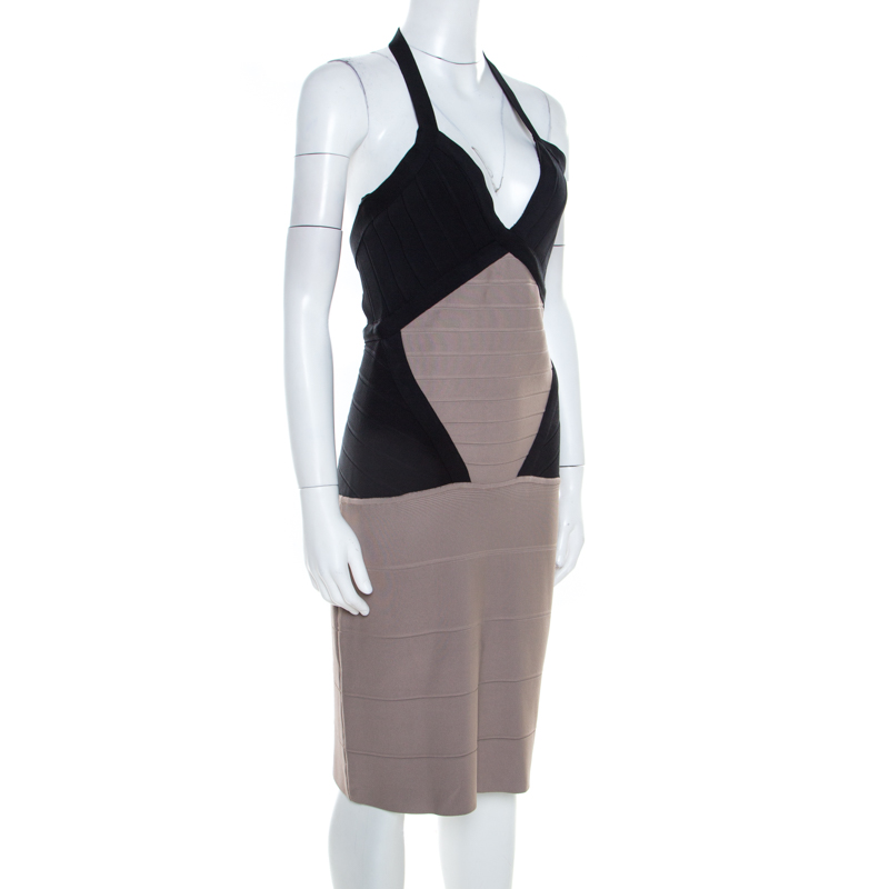 Pre-owned Herve Leger Colorblock Knit Halter Neck Bandage Dress S In Beige