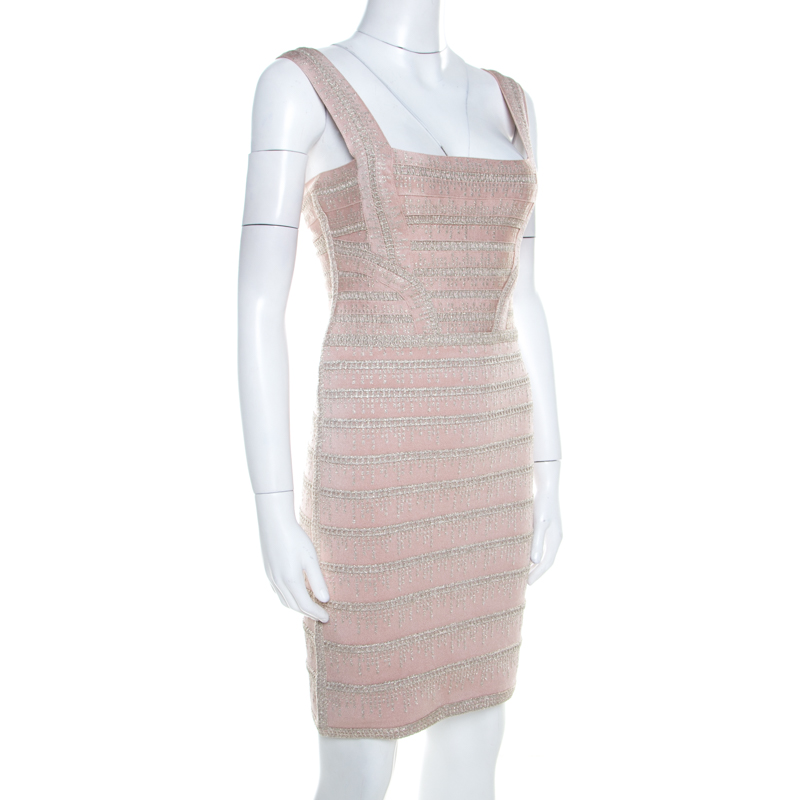 

Herve Leger Light Pink and Metallic Crochet Knit Alyia Bandage Dress