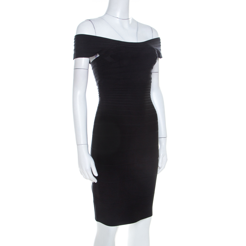 

Herve Leger Black Knit Off Shoulder Marina Bandage Dress