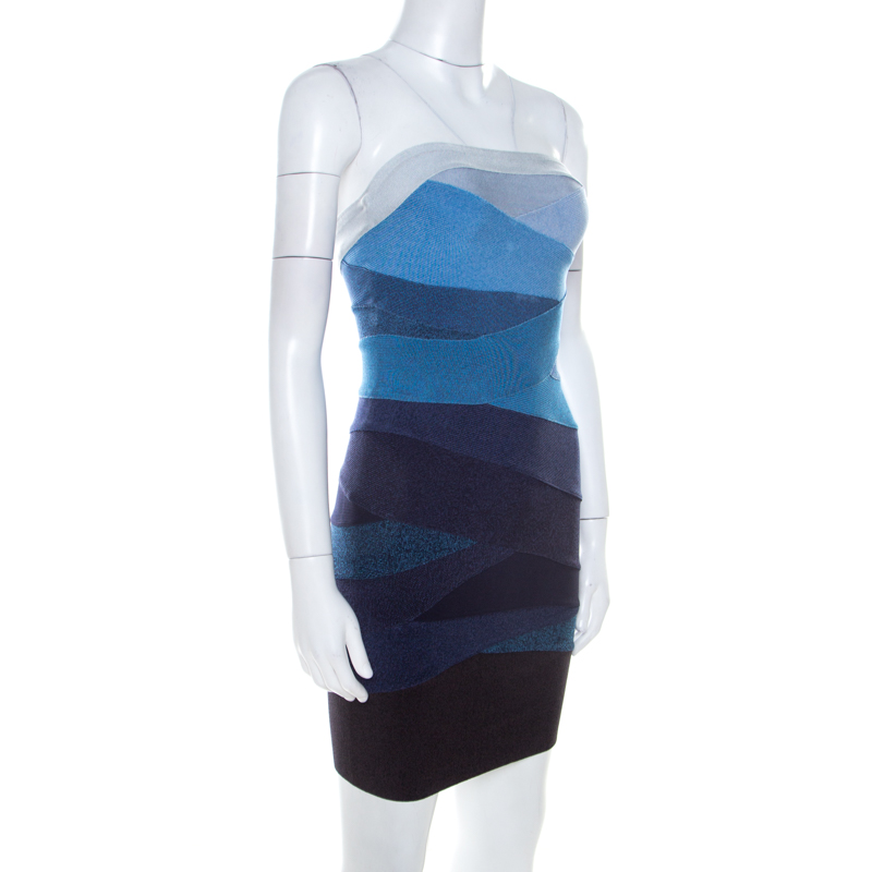 

Herve Leger Ombre Blue Knit Strapless Bandage Mini Dress