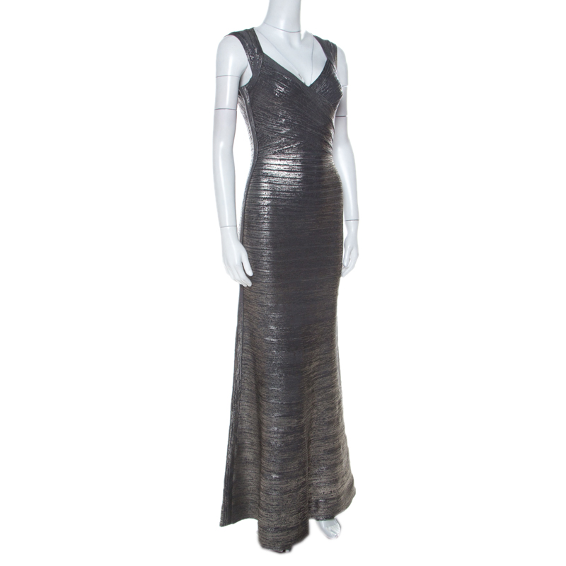 

Herve Leger Dark Grey Woodgrain Foil Print Camilla Bandage Gown