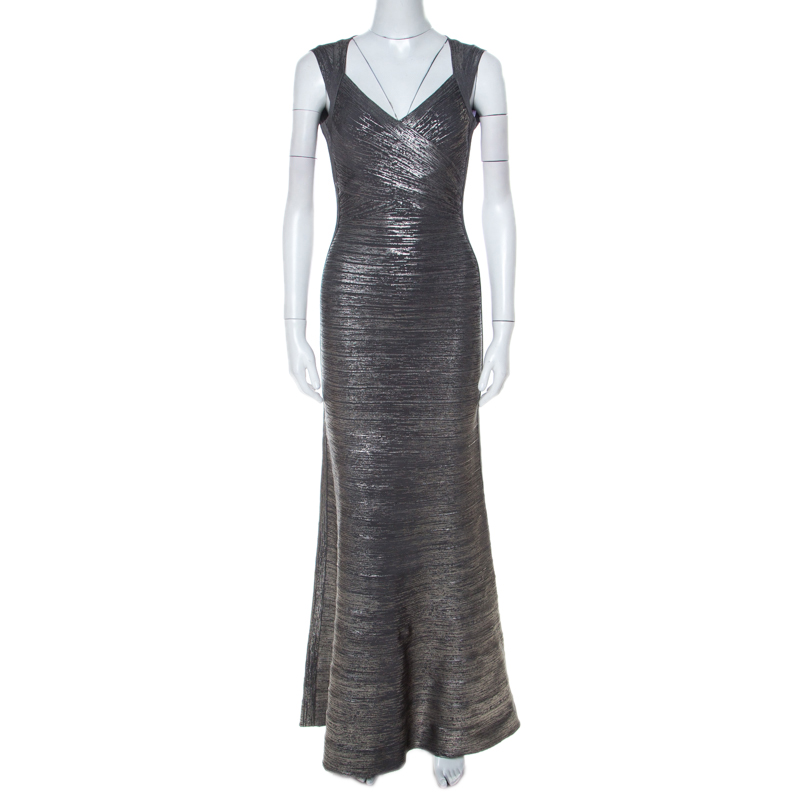 Herve Leger Dark Grey Woodgrain Foil Print Camilla Bandage Gown XS ...