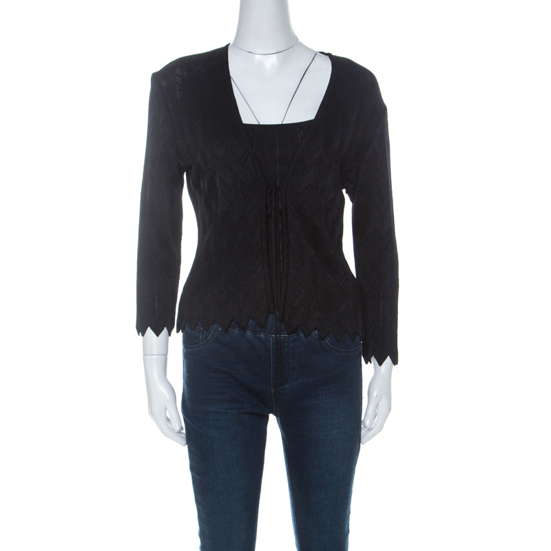 Pre Owned Herve Leger Black Knit Front Tie Cardigan and Top Set M 