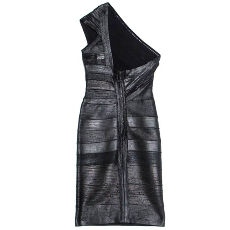 

Herve Leger Black Foil Printed One Shoulder Josephine Dress