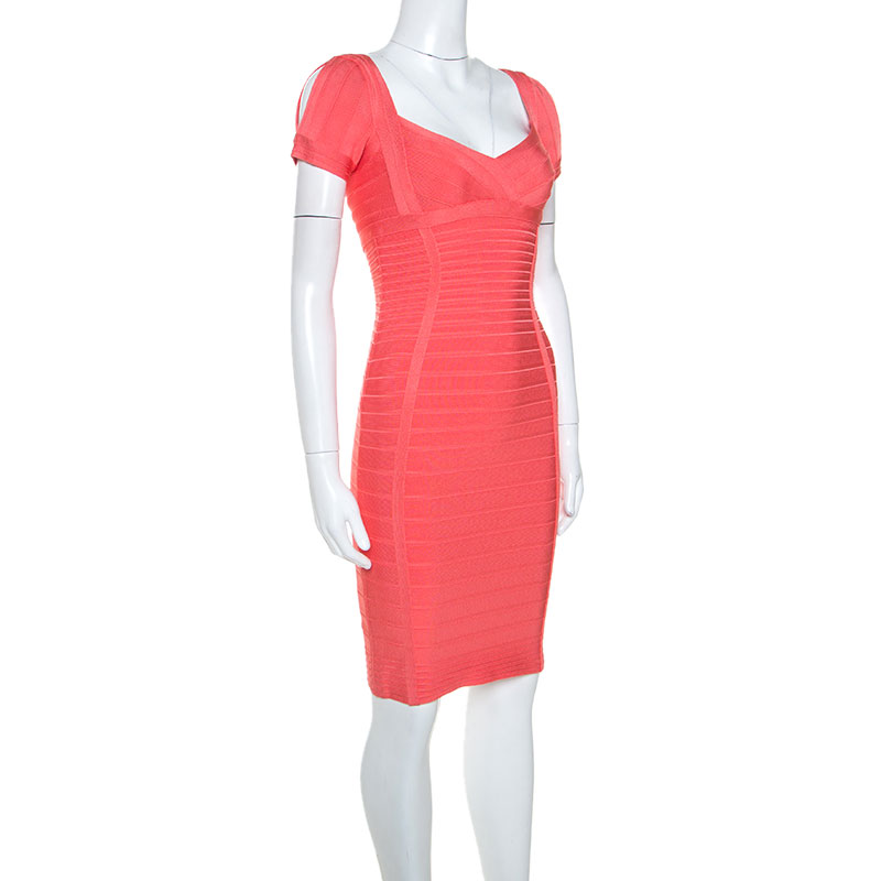 

Herve Leger Coral Pink Cold Shoulder Bandage Dress