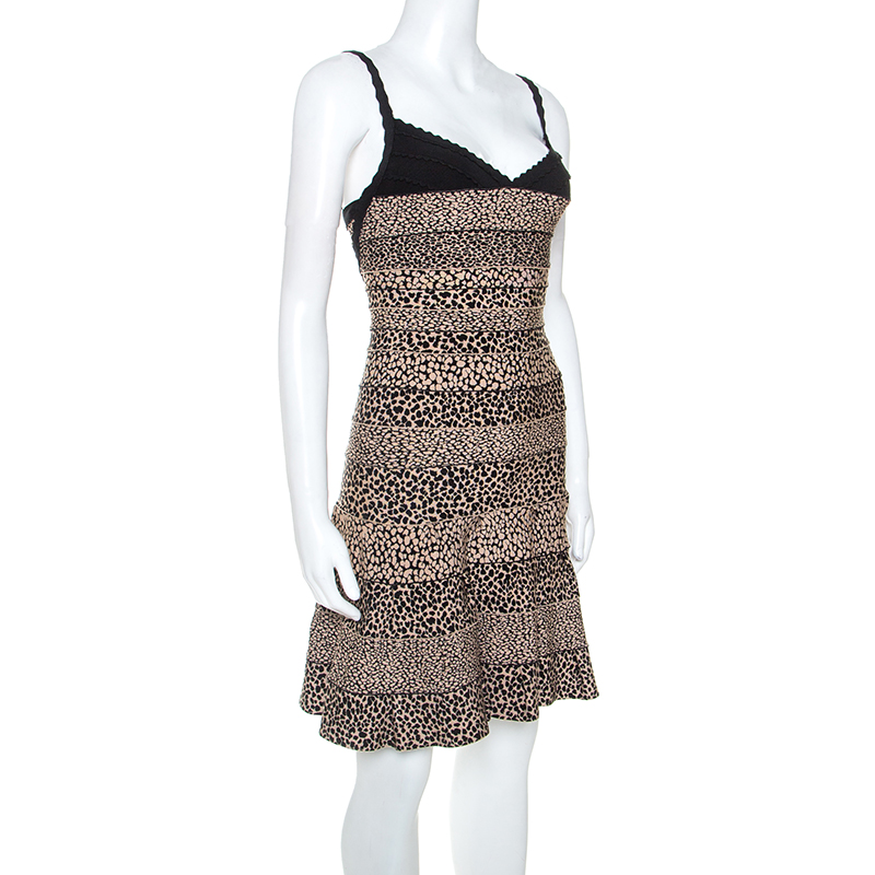 

Herve Leger Black and Beige Animal Pattern Knit Nell Bandage Dress
