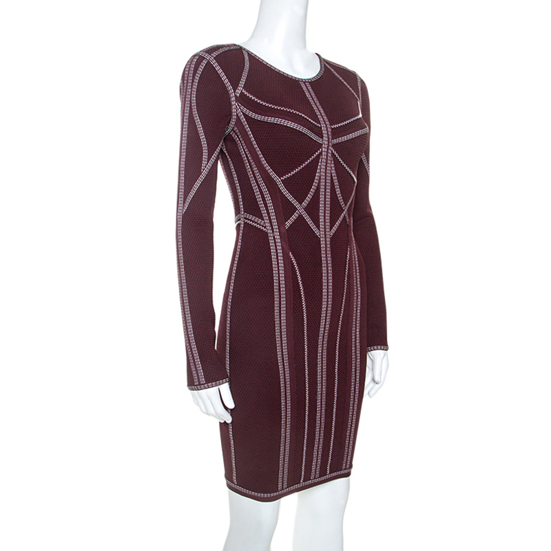 

Herve Leger Burgundy Long Sleeve Metallic Trim Elaina Bodycon Dress