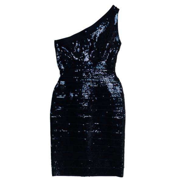 مملوكة مسبقًا Hervé Léger Navy Blue One Shoulder Sequin Bandage Dress