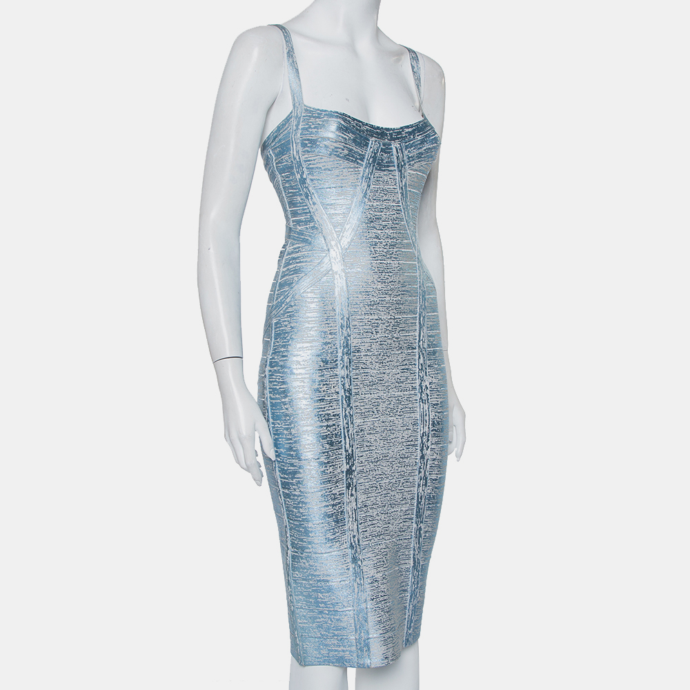 

Herve Leger Blue Crushed Metallic Knit Bandage Dress