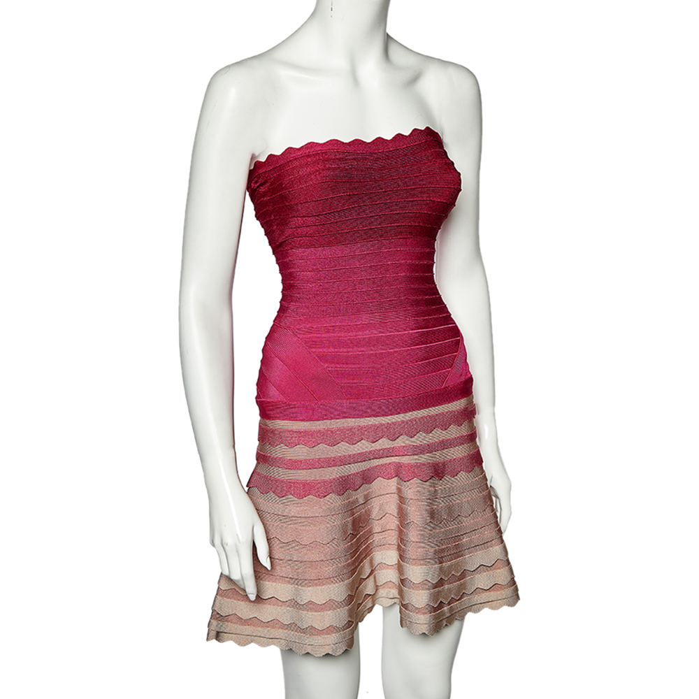

Herve Leger Fuchsia Ombre Knit Scalloped Strapless Dress, Pink