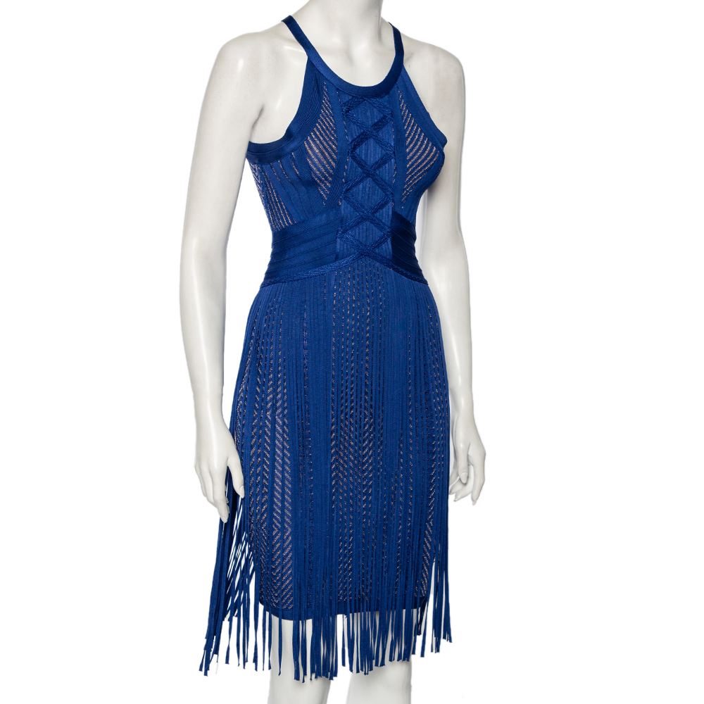 

Herve Leger Blue Plaited Chevron Knit Fringed Mahala Bodycon Dress