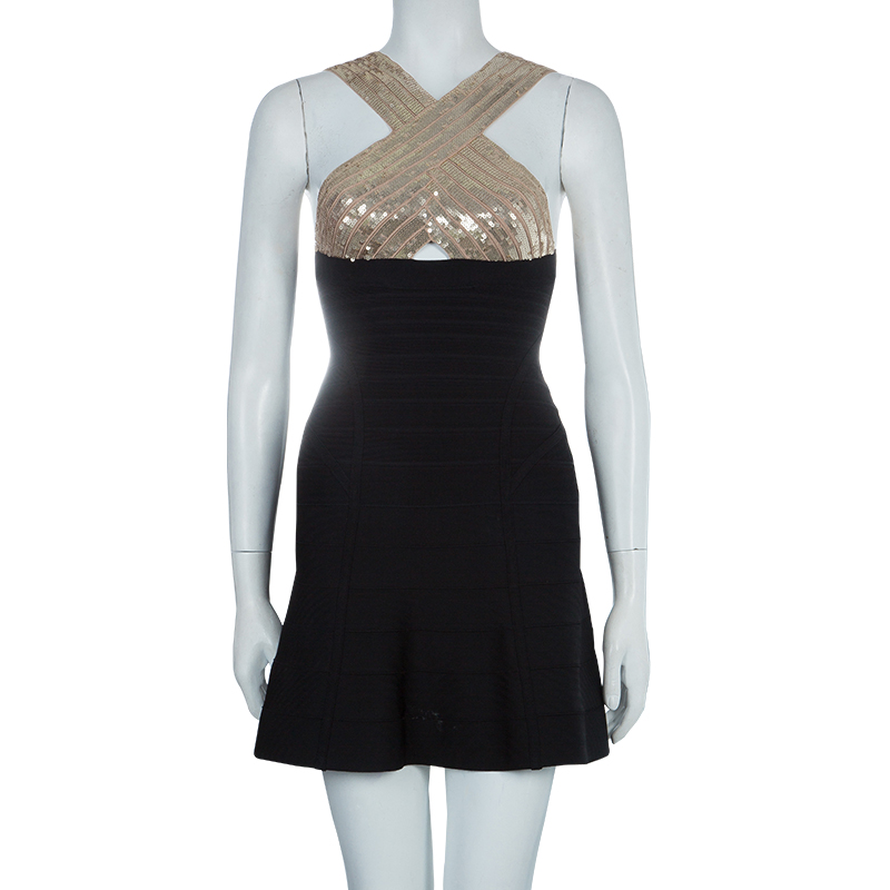 

Herve Leger Black Crossover Sequin Embellished Bandage Dress