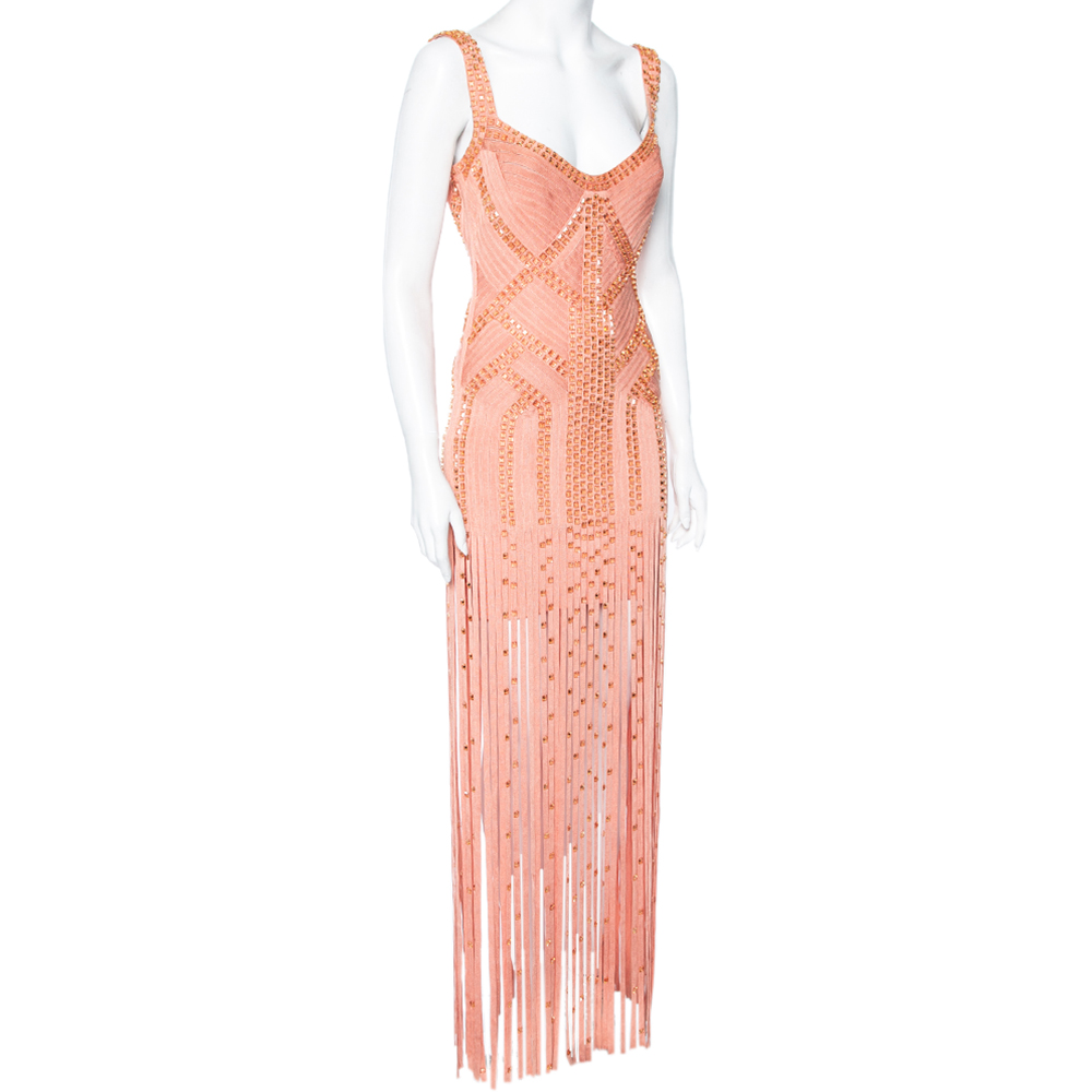 

Herve Leger Peach Embellished Bandage Fringed Vitoria Bodycon Dress, Pink