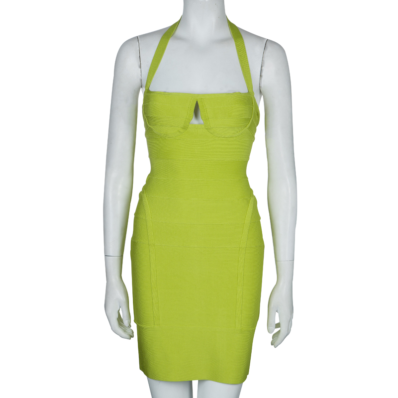 

Herve Leger Neon Green Knit Halter Bandage Dress