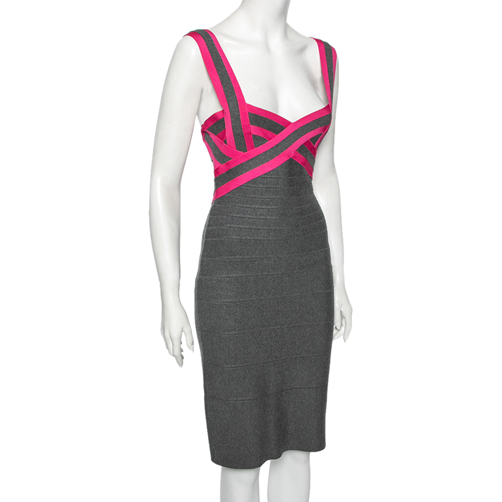

Herve Leger Grey and Pink Bandage Sleeveless Bodycon Dress