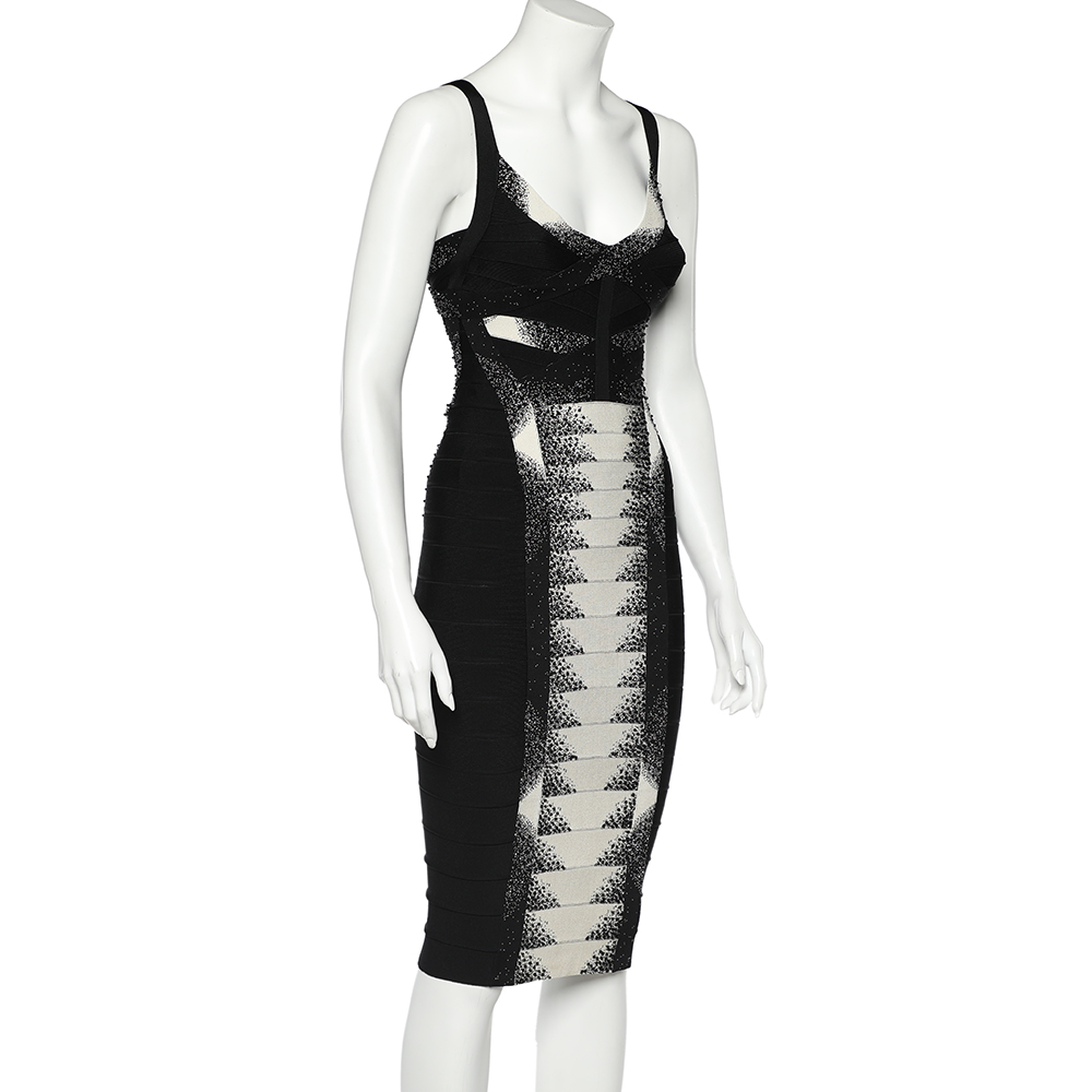 

Herve Leger Monochrome Crystal Embellished Stretch Knit Bodycon Dress, Black