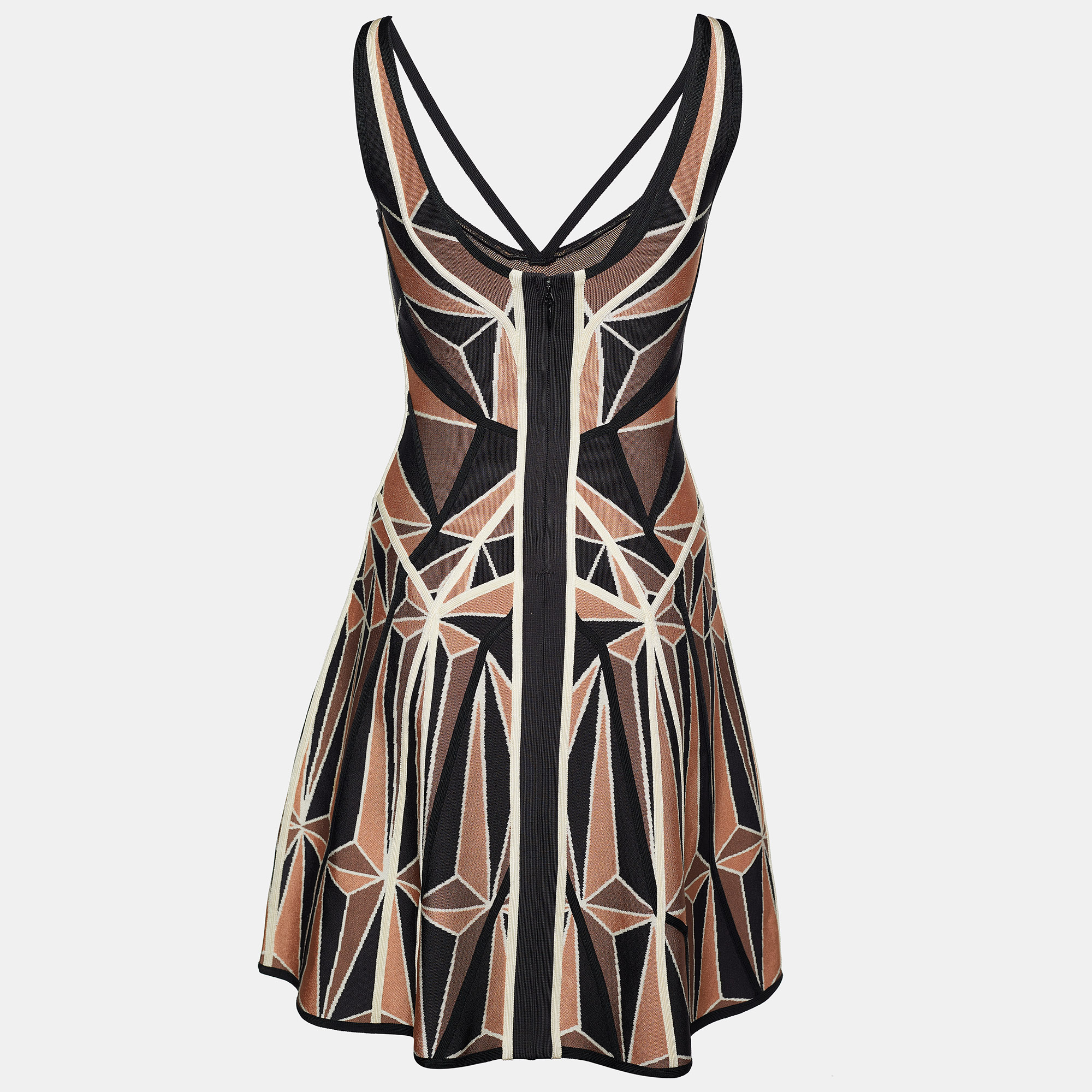 

Herve Leger Brown Geometric Patchwork Jacquard Knit Hazel Mini Dress