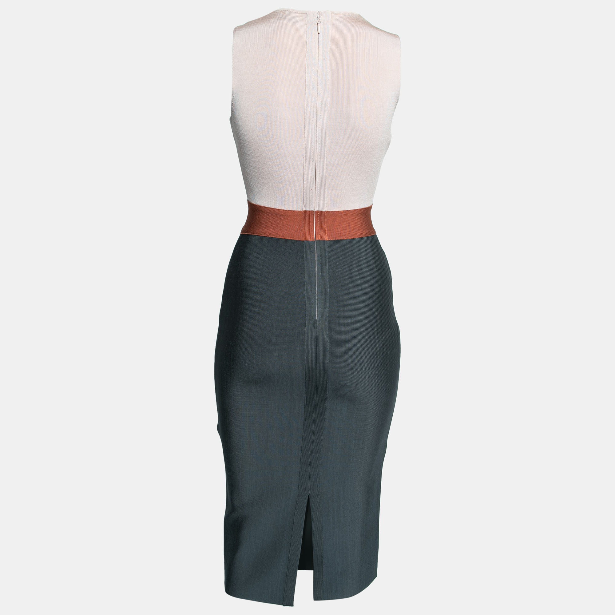 

Herve Leger Dust Pink & Teal Stretch Knit Crossover Bodycon Dress