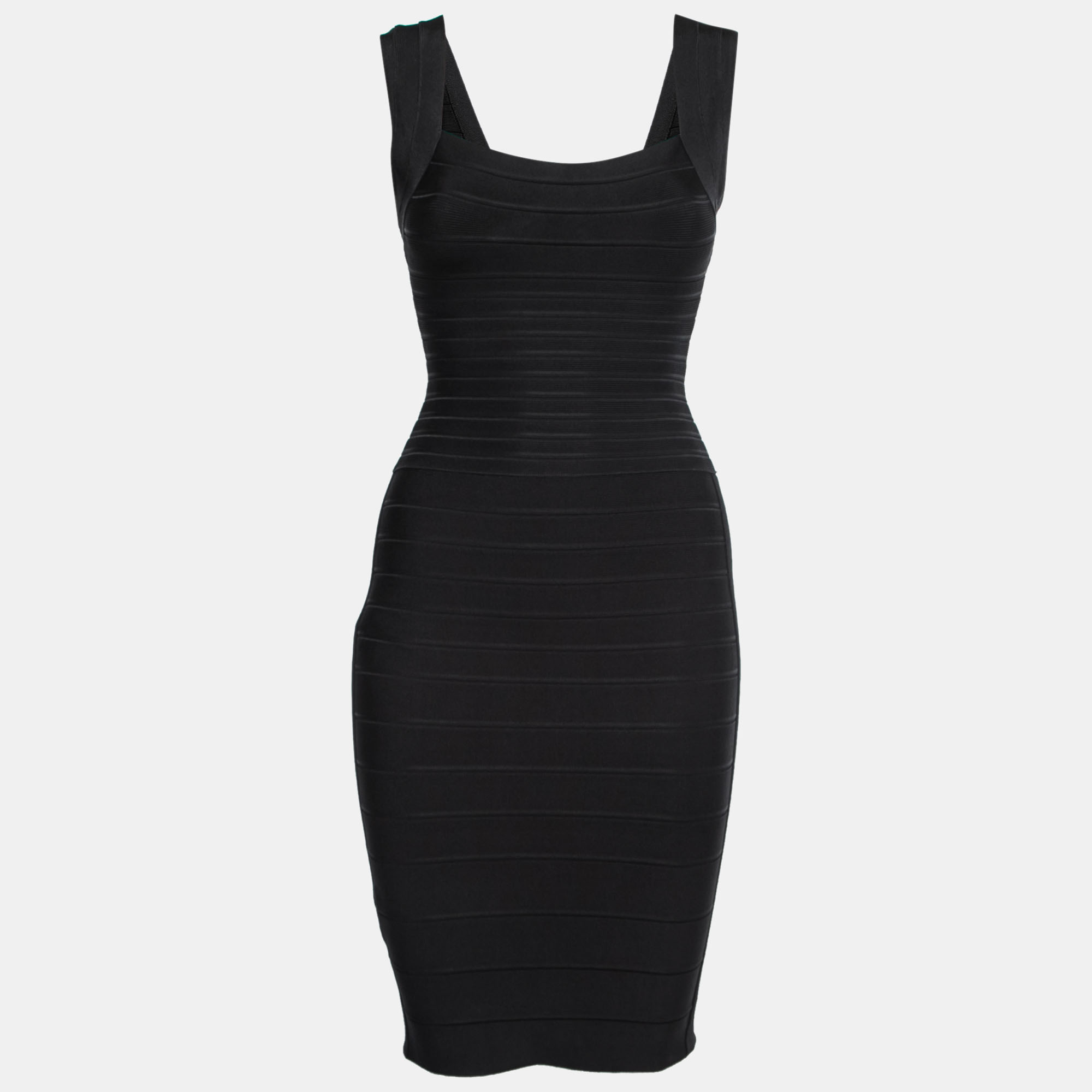 Pre Owned Herve Leger Black Stretch Knit Bandage Bodycon Dress XS  
