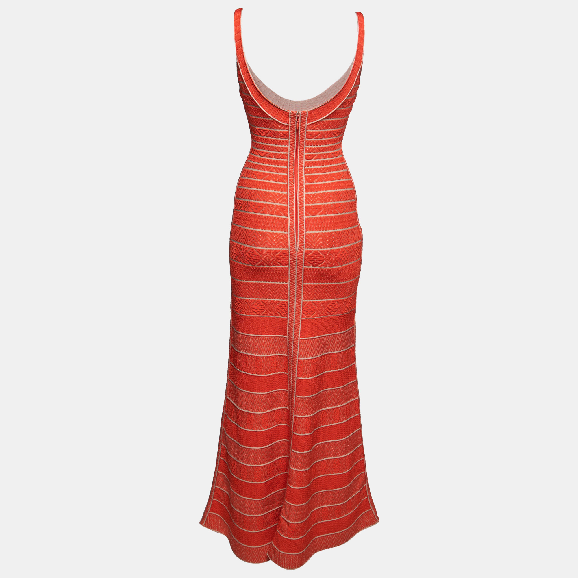 

Herve Leger Orange Patterned Stretch Knit Filipa Maxi Dress