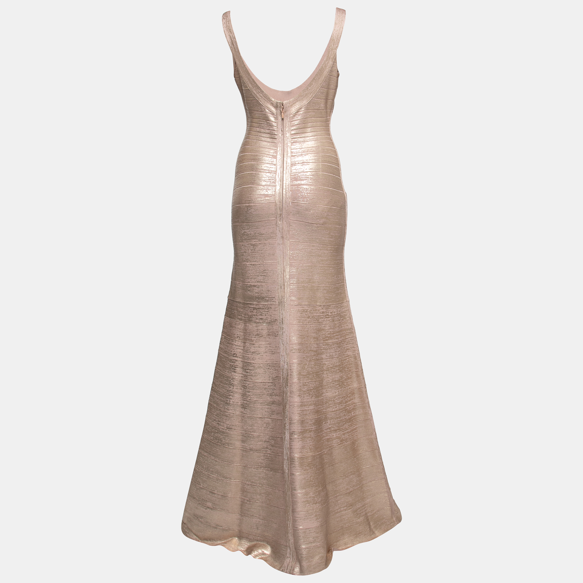 

Herve Leger Light Pink & Gold Coated Bandage Ellen Maxi Dress