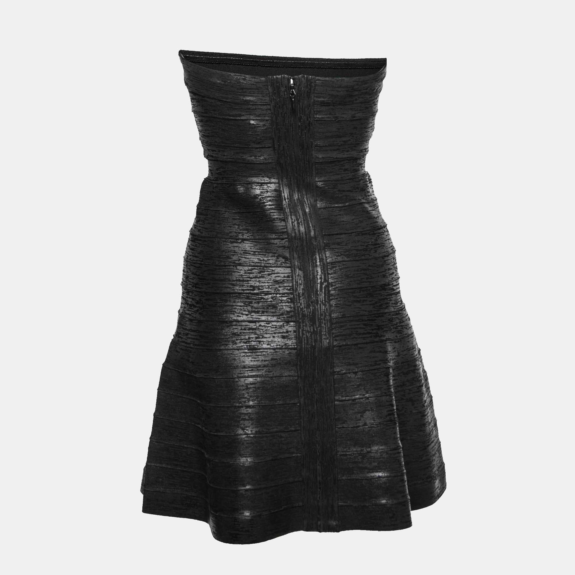 

Herve Leger Black Textured Knit Strapless Bandage Mini Dress