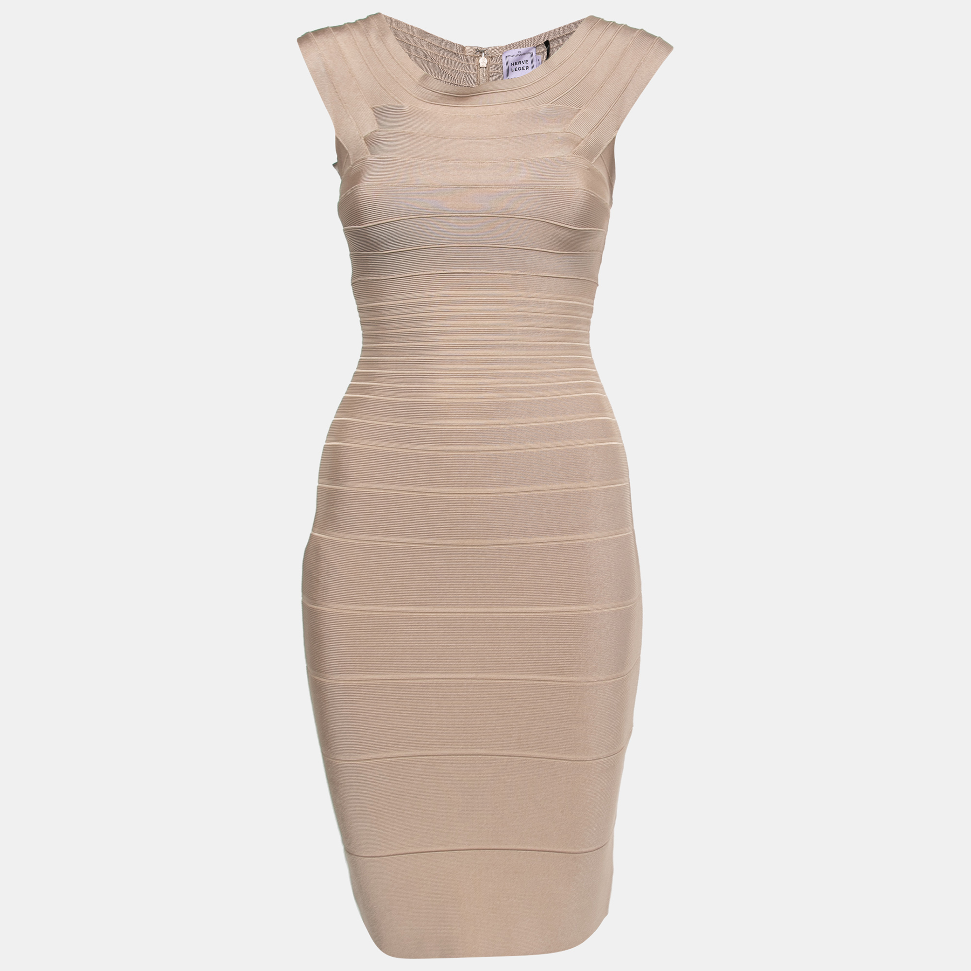 Herve Legers Bandage creations are a craze amongst women around the world and why not This beige dress is so beautiful youll look like a dreamy vision every time you slip into it.