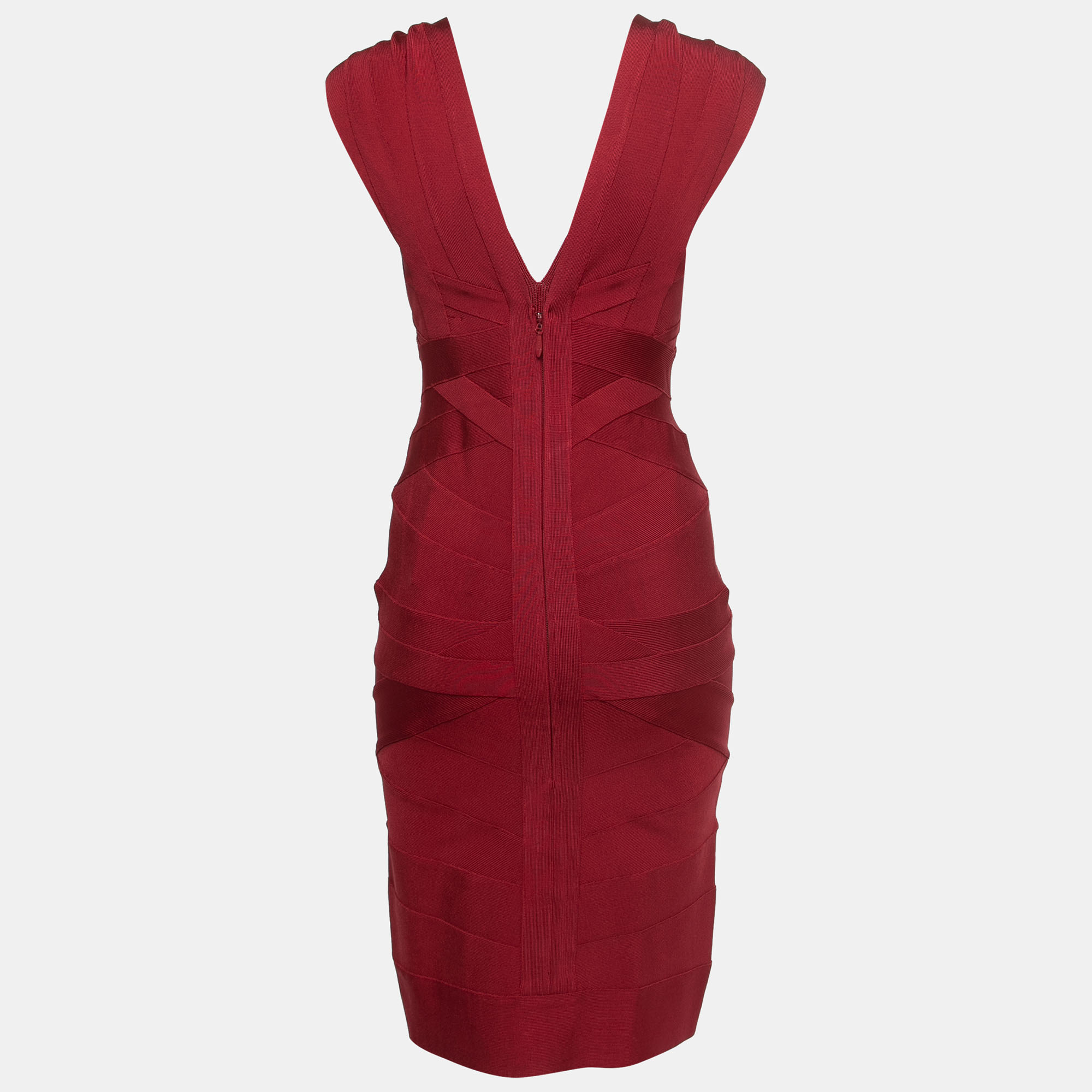 

Herve Leger Red Knit V-Neck Cap Sleeve Short Bodycon Dress