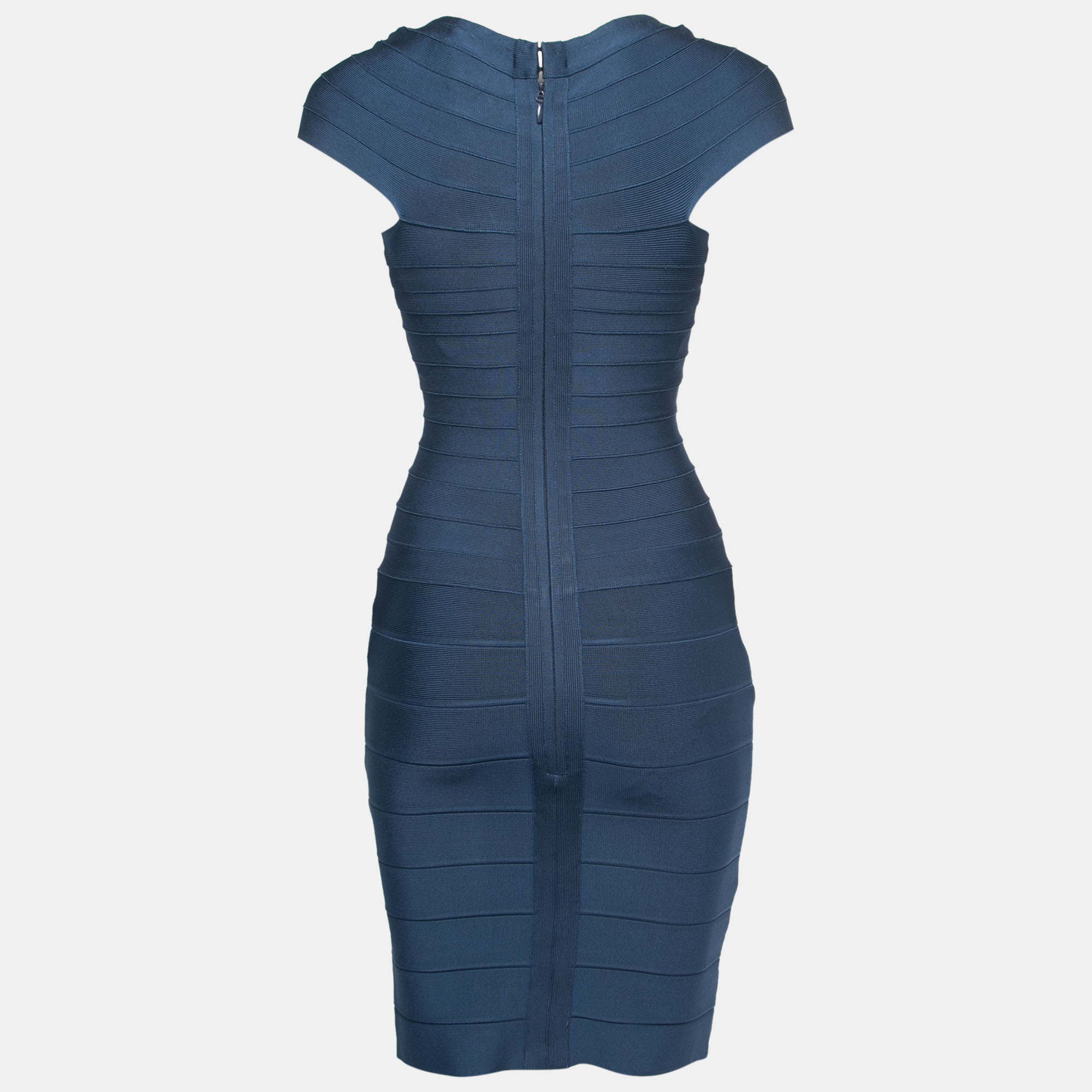 

Herve Leger Blue Bandage Knit Cap Sleeve Bodycon Dress