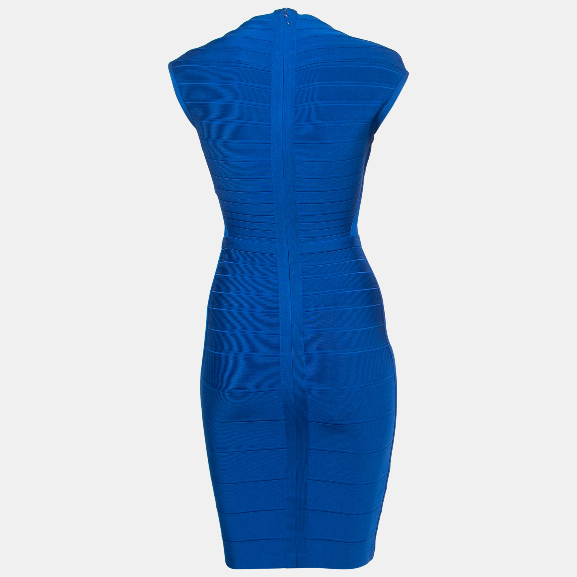 

Herve Leger Blue Bandage Knit Cap Sleeve Bodycon Dress