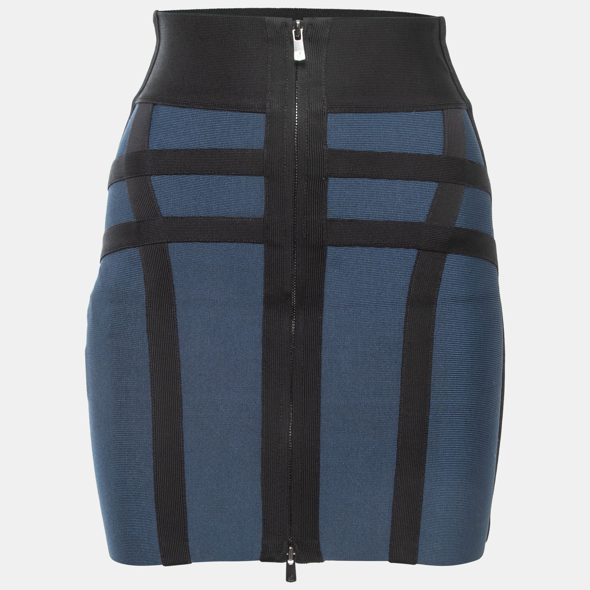 Pre-owned Herve Leger Blue/black Knit Mini Skirt Xs