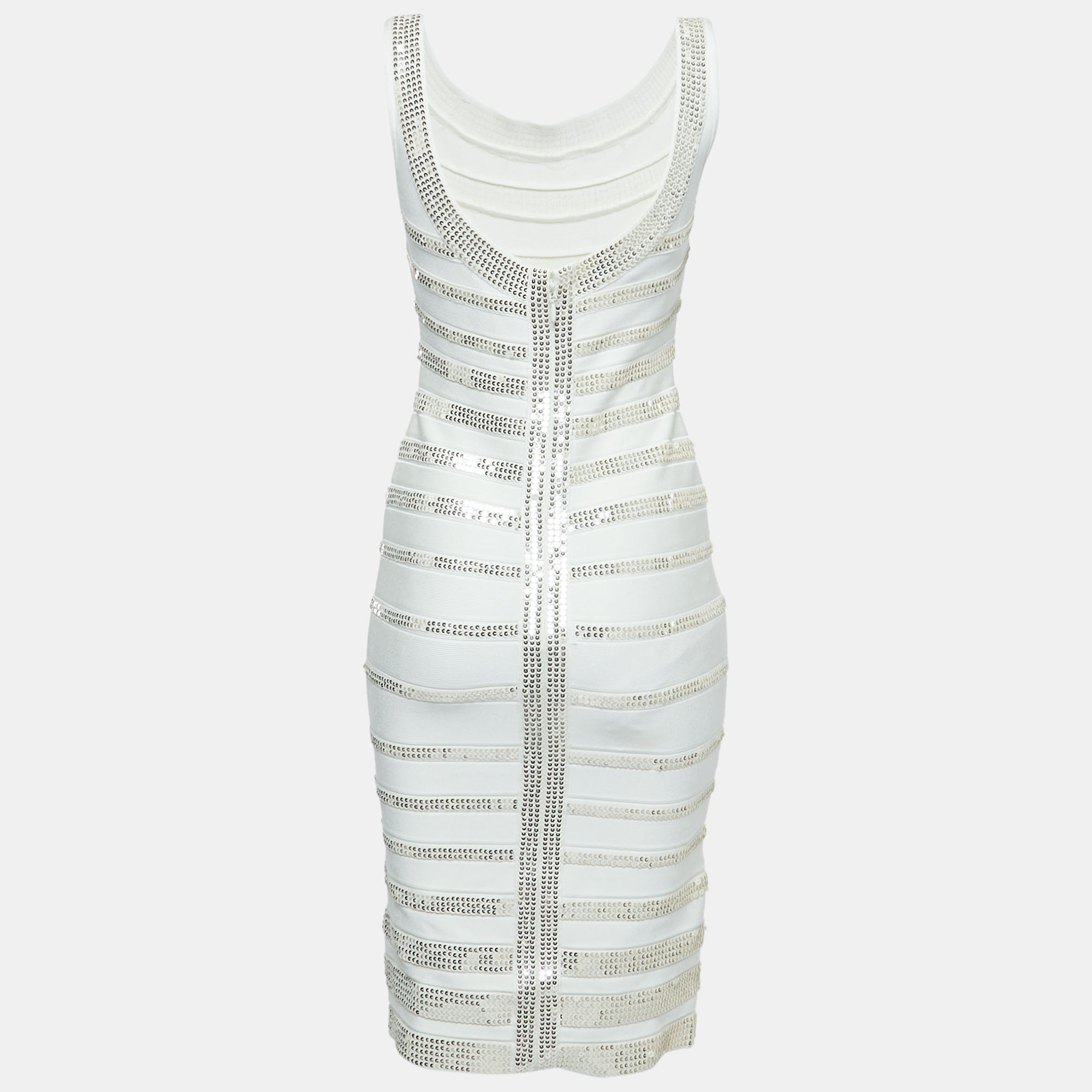 

Herve Leger White Striped Sequin-Embellished Bodycon Dress