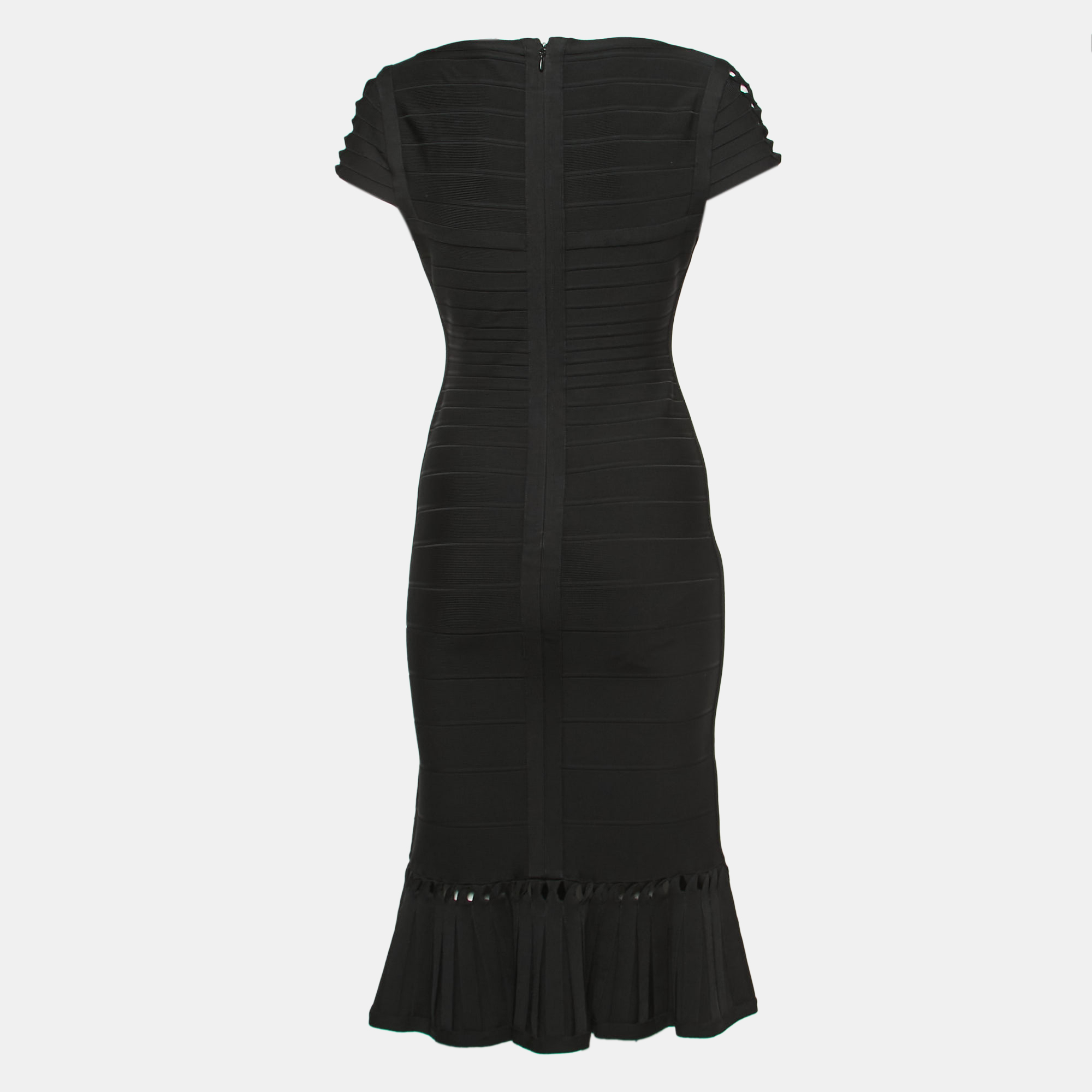 

Herve Leger Black Bandage Knit Cap-Sleeve Bodycon Dress