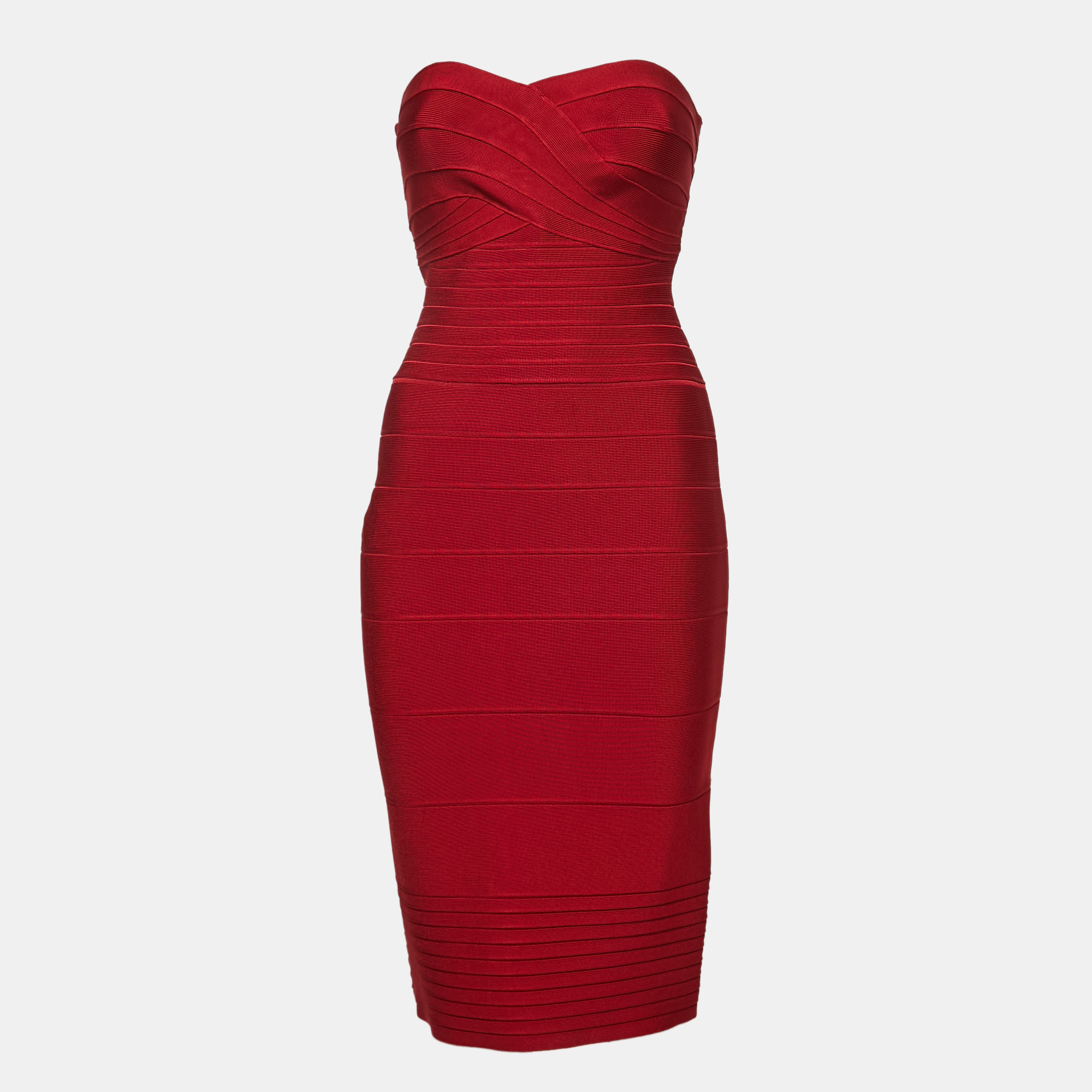 مملوكة مسبقًا Herve Leger Red Bandage Knit Strapless Bodycon Dress S