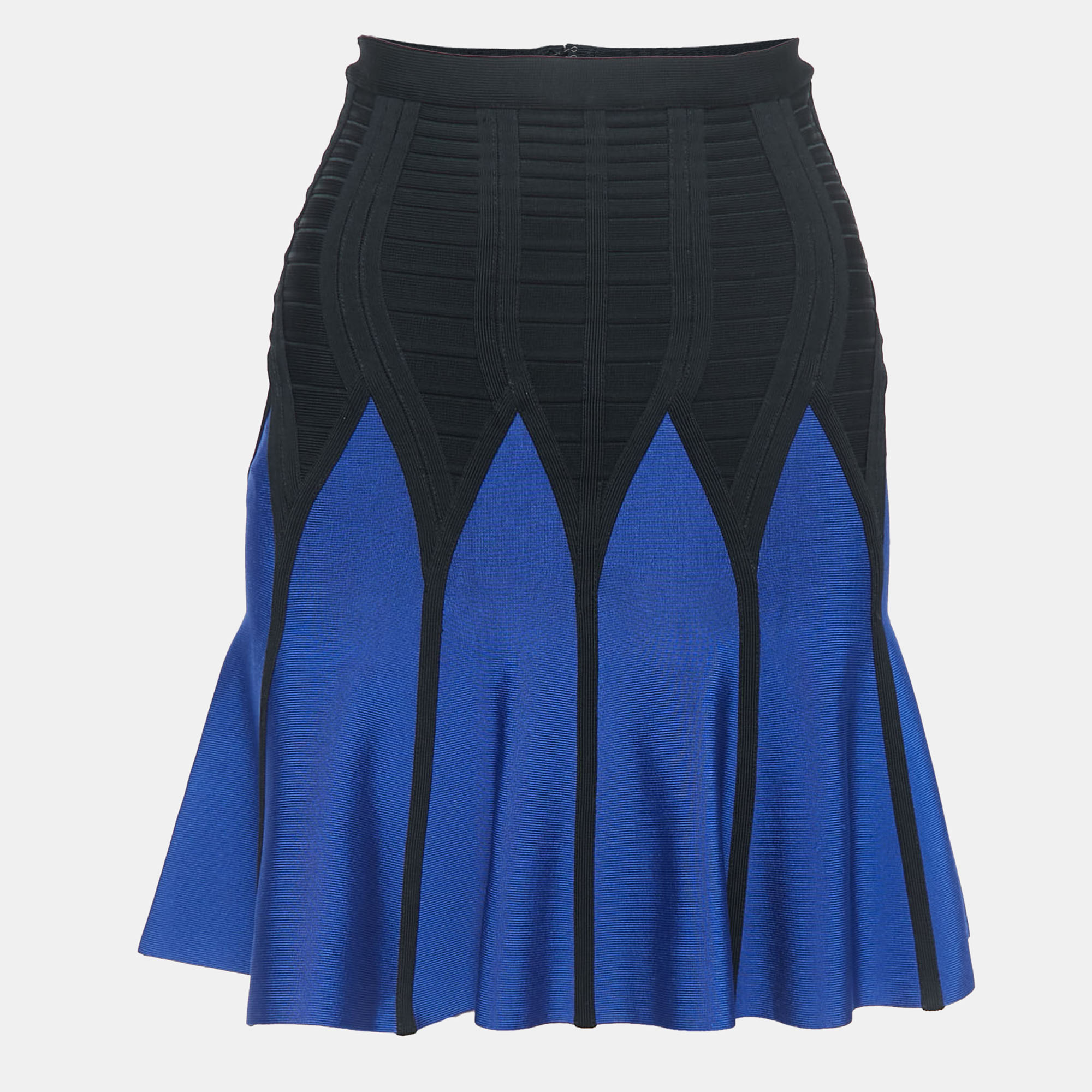 Pre-owned Herve Leger Black/blue Knit Flared Mini Skirt S