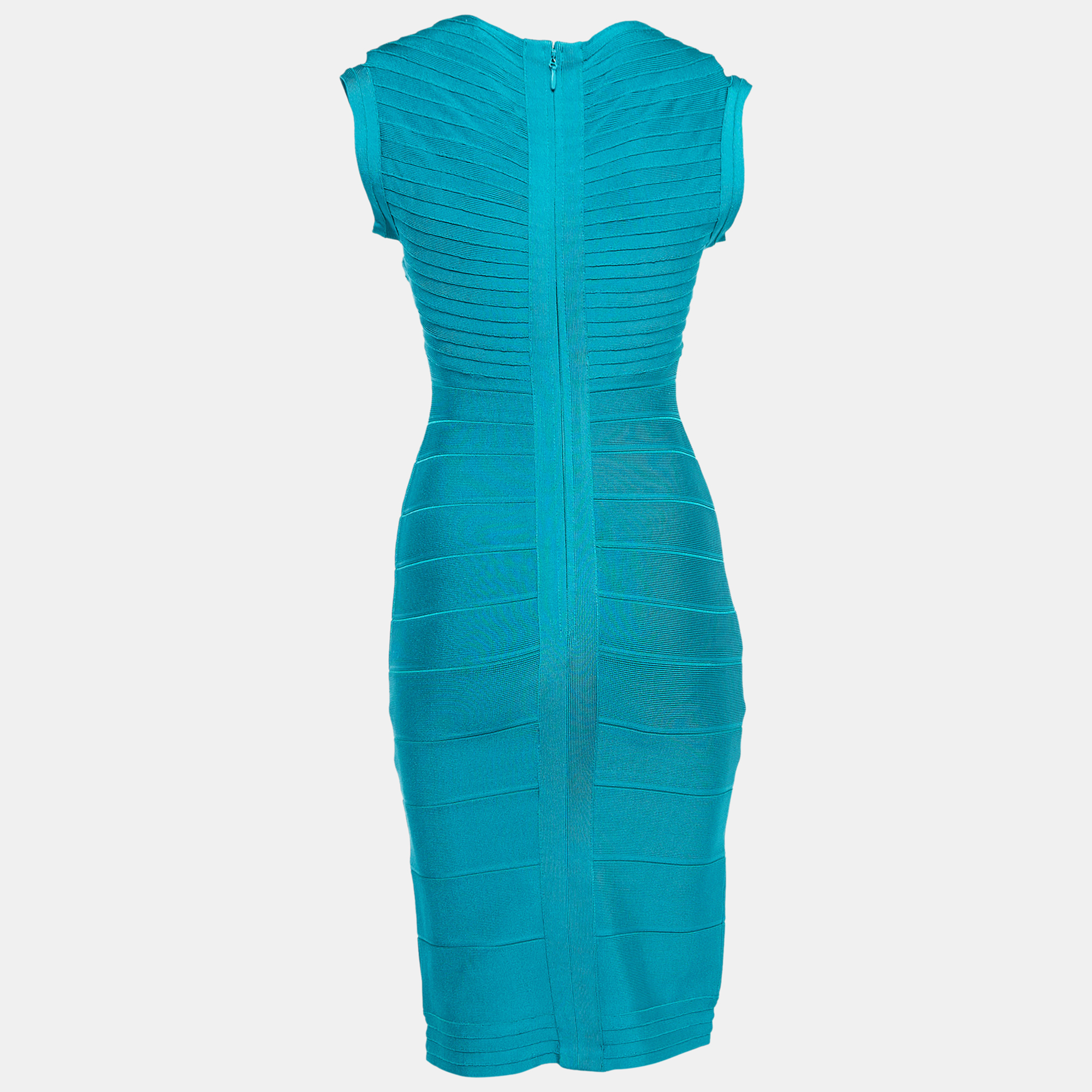 

Herve Leger Teal Green Knit Scoop Neck Bandage Dress