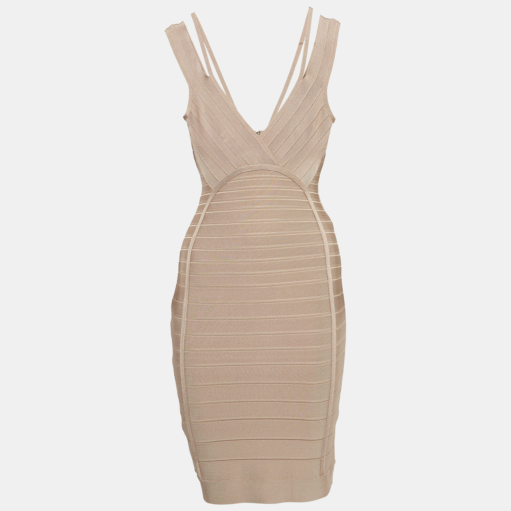 Pre-owned Herve Leger Beige Bandage Knit V-neck Mini Dress S