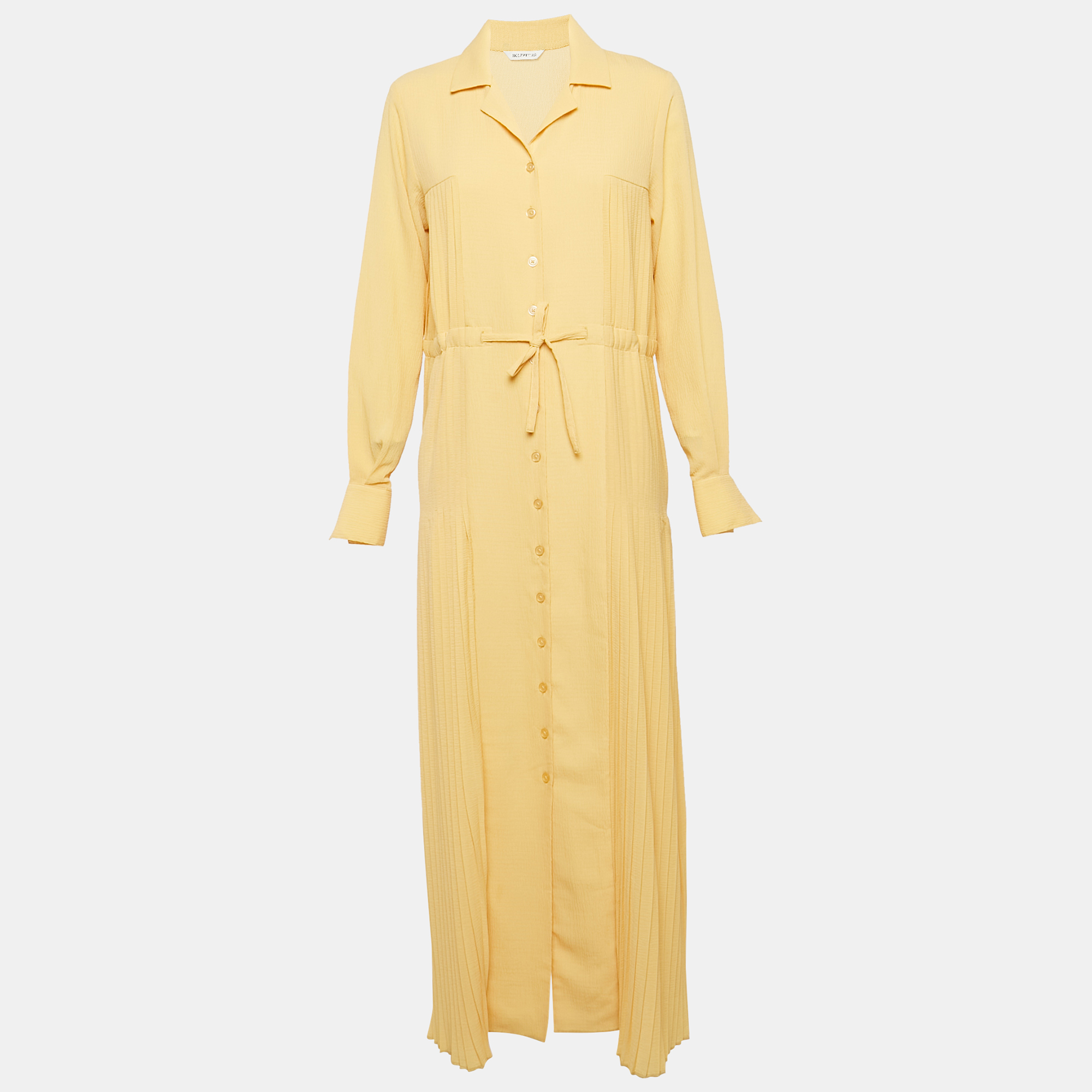 

Hozweiler Tyranusaurus Light Yellow Crepe Pleated Button Front Maxi Dress S