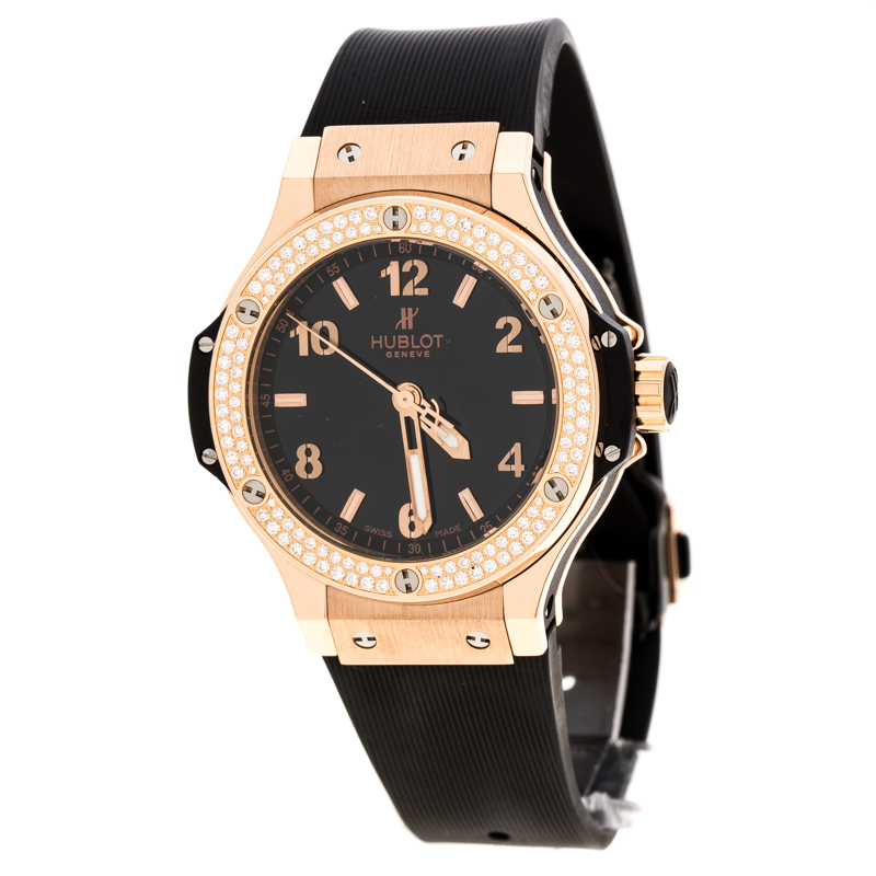 Hublot Black 18K Rose Gold Diamonds Big Bang Women's Wristwatch 38MM