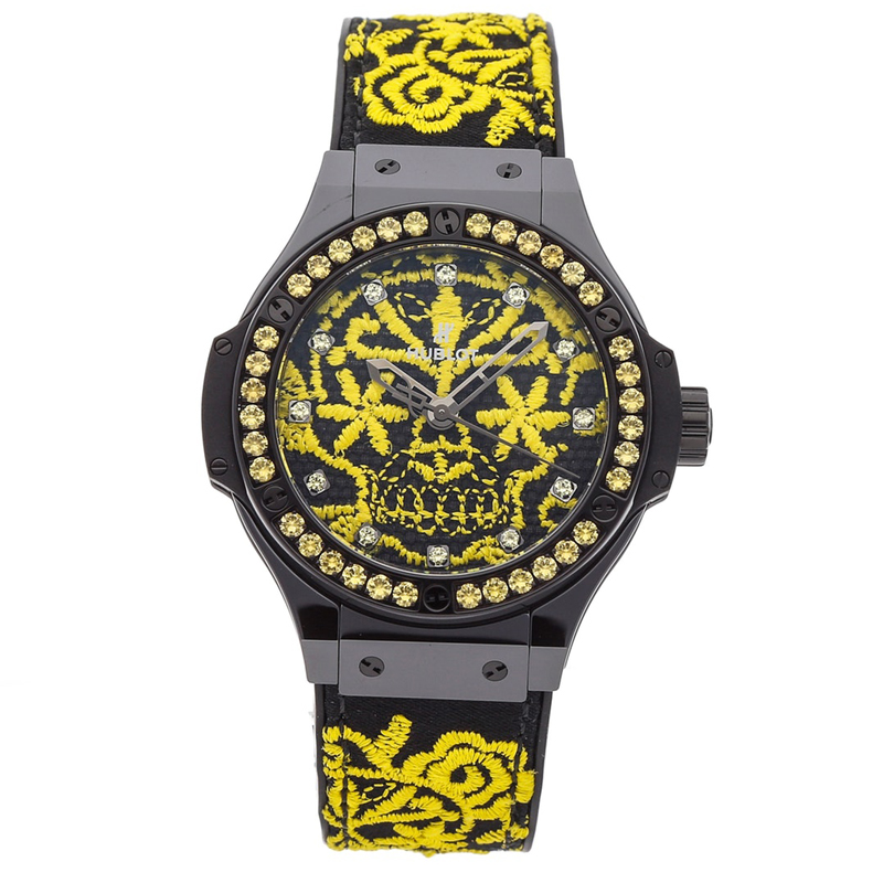 Pre-owned Hublot Black/yellow Ceramic And Yellow Sapphire Bezel Big Bang Broderie Sugar Skull Fluo Sunflower343. Cy.6