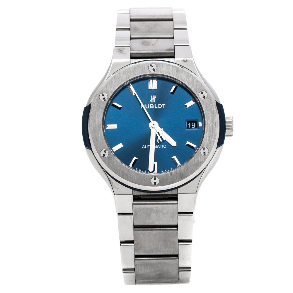 Pre-owned Hublot Blue Titanium Classic Fusion 568.nx.7170.nx Women's Wristwatch 38 Mm In Silver