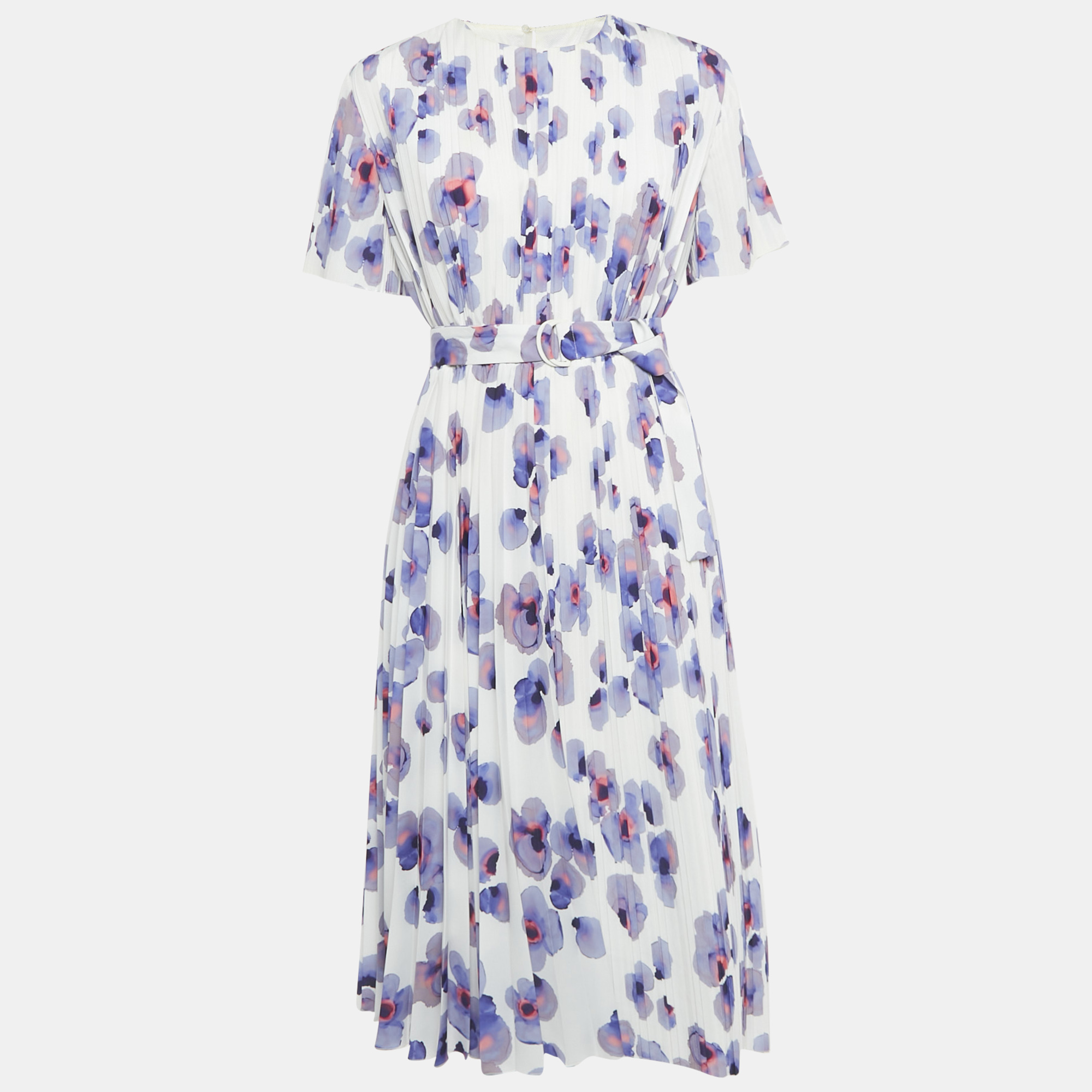 Pre-owned Boss By Hugo Boss White Floral Print Plisse Belted Midi Dress M