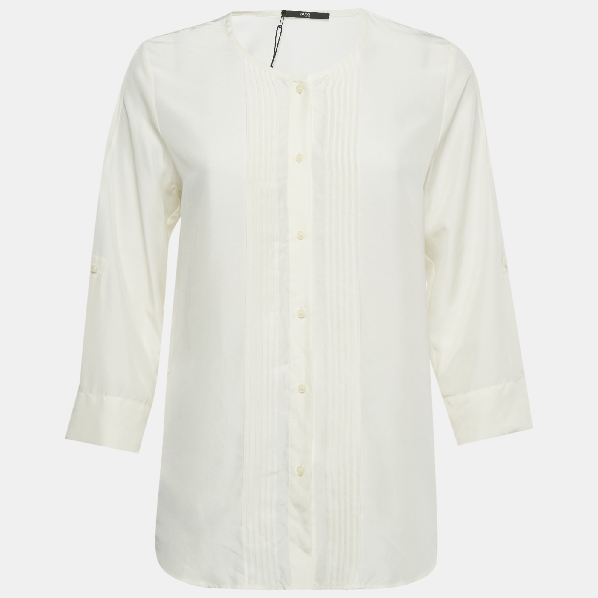 

Hugo Boss Ivory Silk Pin Tucks Silk Rossita Blouse S, White