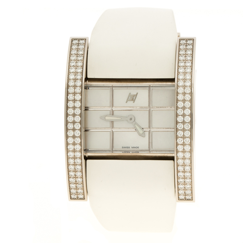 Hysek Mother of Pearl White Gold Diamond Rectangular  Women's Wristwatch 36 mm