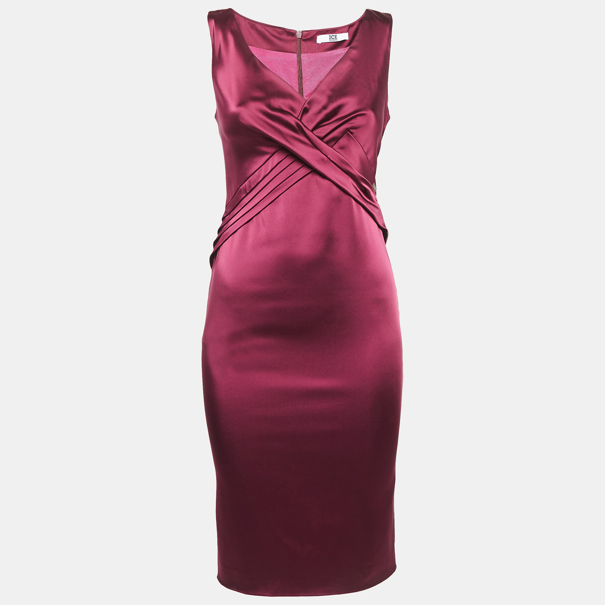 

Ice Iceberg Dress Burgundy Stretch Satin Pleated Sheath Dress XS