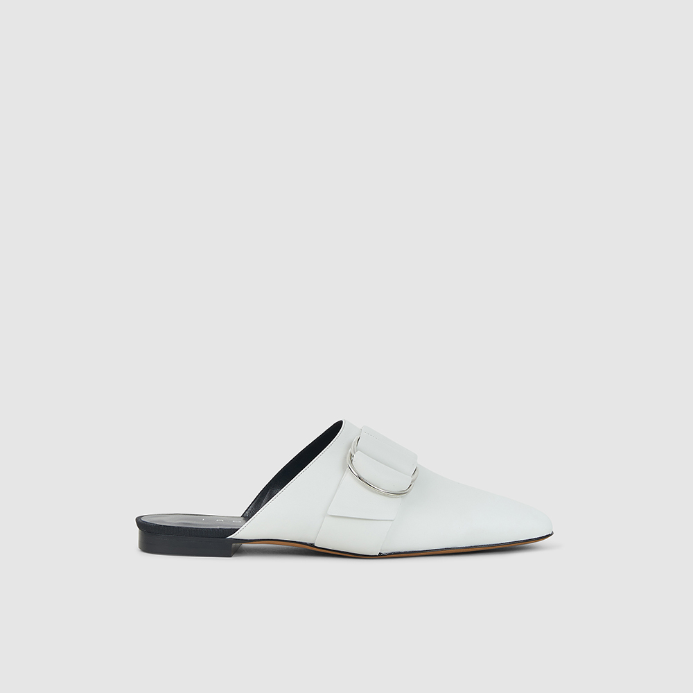 white buckle mules