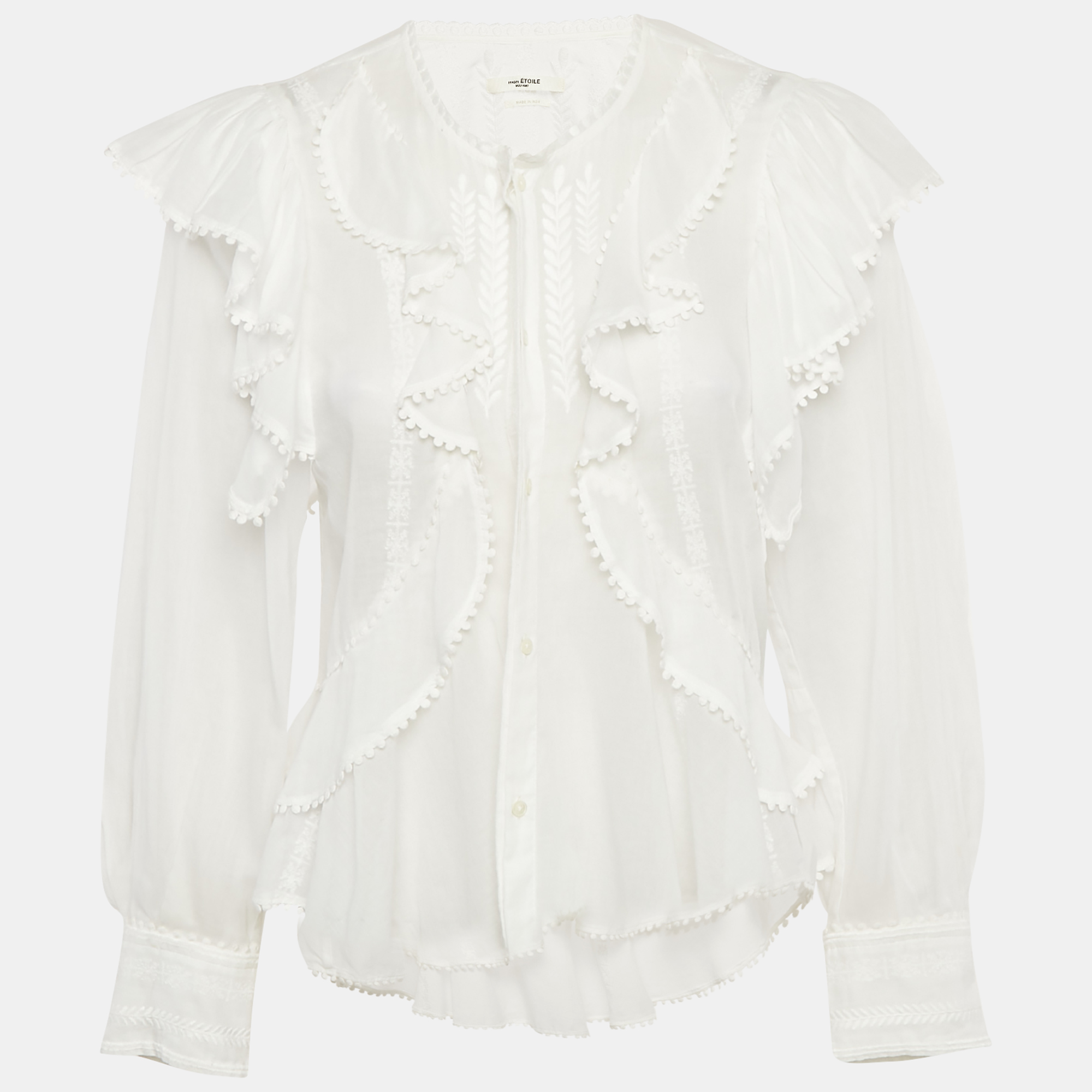 

Isabel Marant Etoile White Embroidered Cotton Lace Trim Ruffle Detail Blouse XS